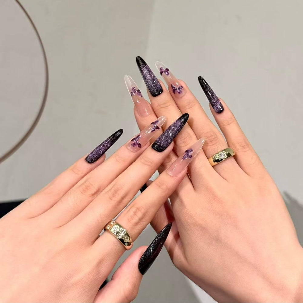 Purple Holographic Cat Eye Nails – Butterfly & Blush Glitter Press-Ons