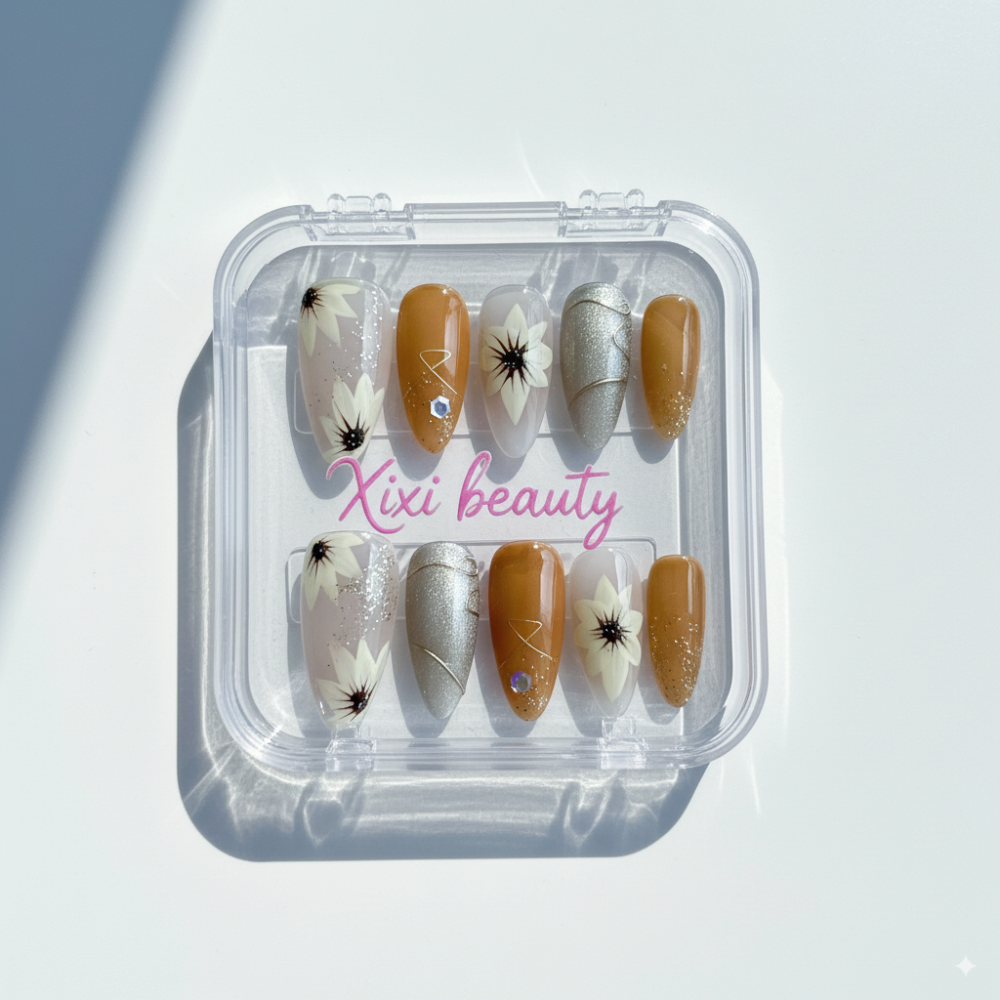 Champagne Nails with Delicate Flowers - Hand-Painted Glitter Nails