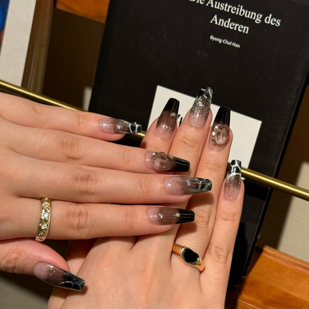 Gothic Water Fake Nails - Obsidian Ripples with Diamond Splashes