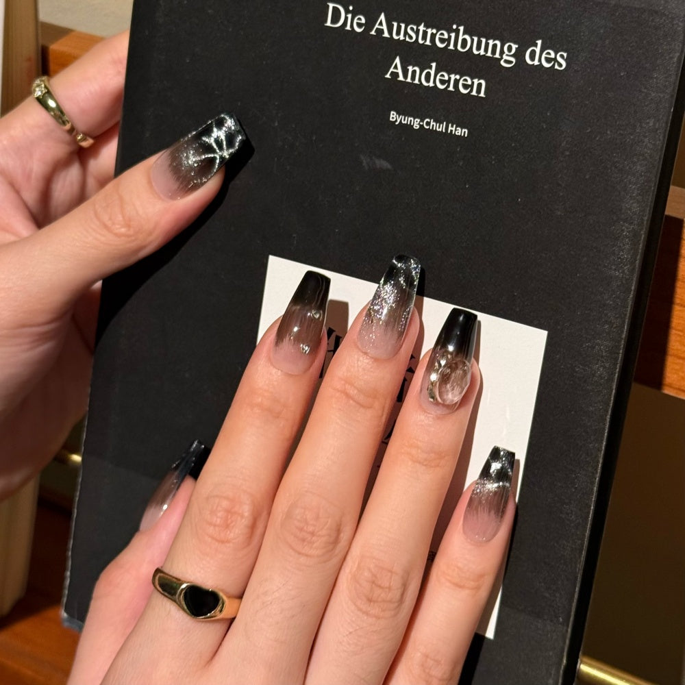 Gothic Water Fake Nails - Obsidian Ripples with Diamond Splashes