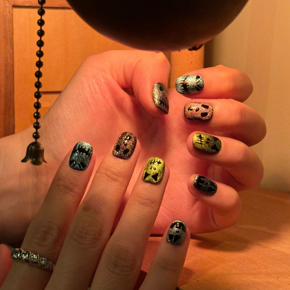 Halloween Couture Press-On Nails - Hand-Painted Ghostly Cat-Eye & Mini Tips