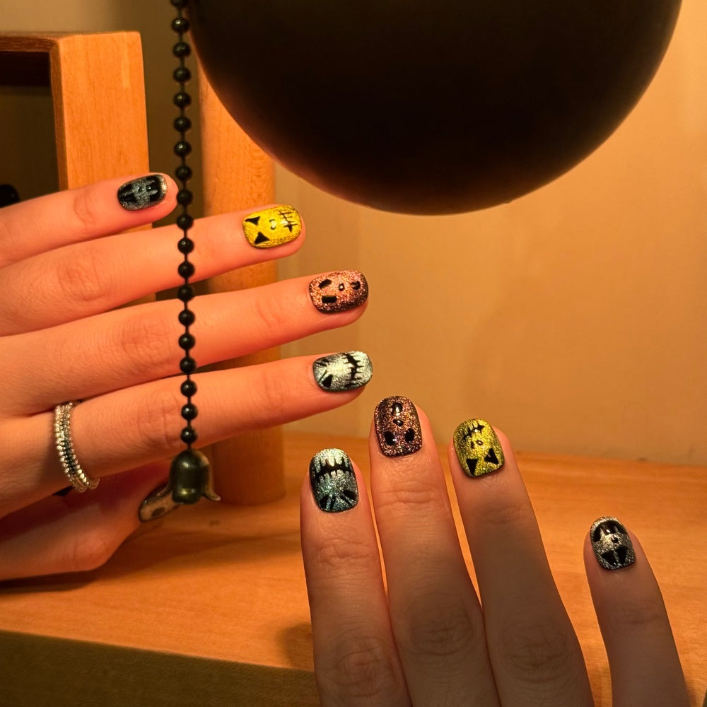 Halloween Couture Press-On Nails - Hand-Painted Ghostly Cat-Eye & Mini Tips
