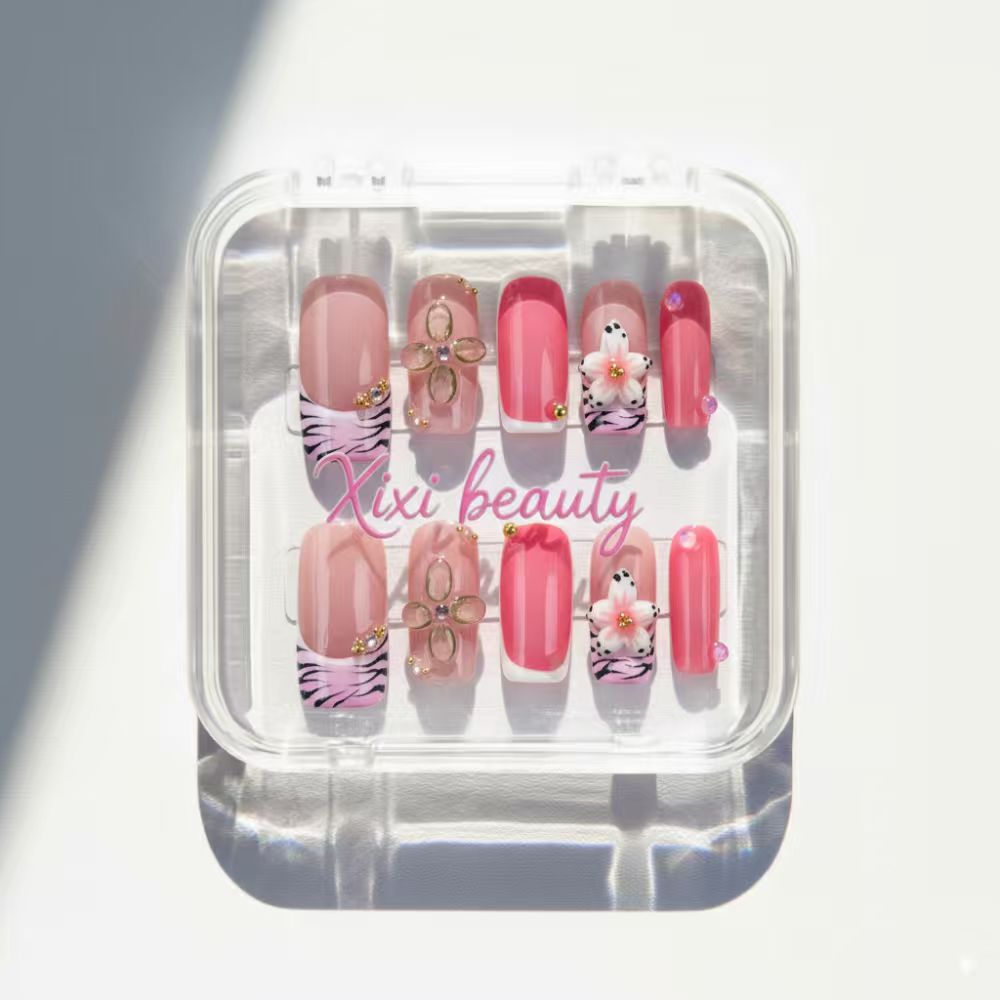 Y2K Pink Carving Nails - 3D Rose Design with Sparkle Coffin Shape