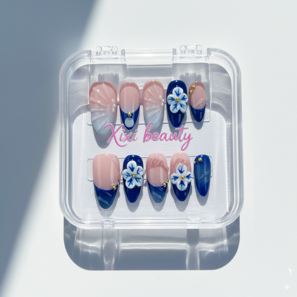 Resort Style Blue Ombre Nails - 3D Wave & Flower Carving Glue on Nails