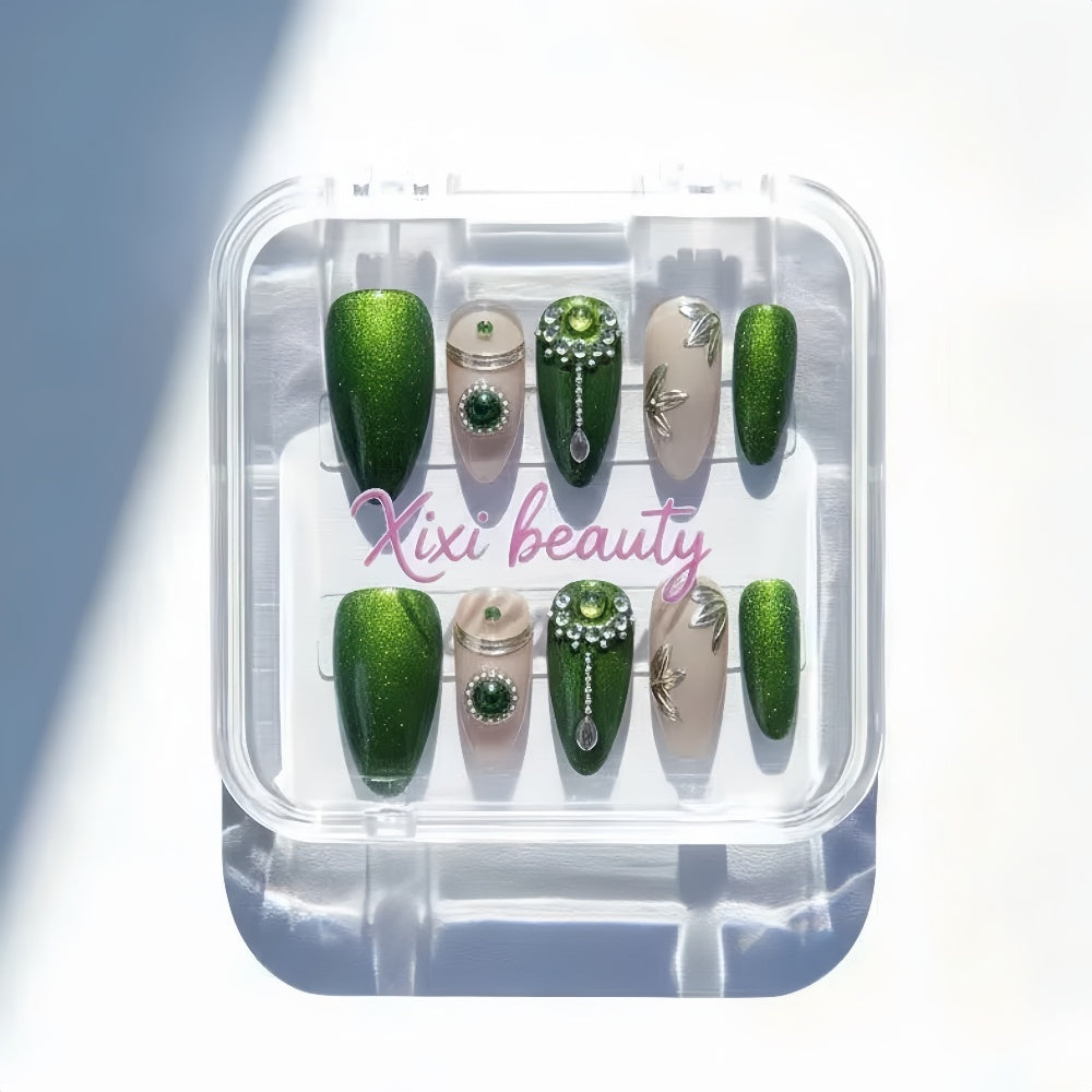 Emerald Cat Eye Nails with Pearl Chains - 3D Luxury Handmade Art