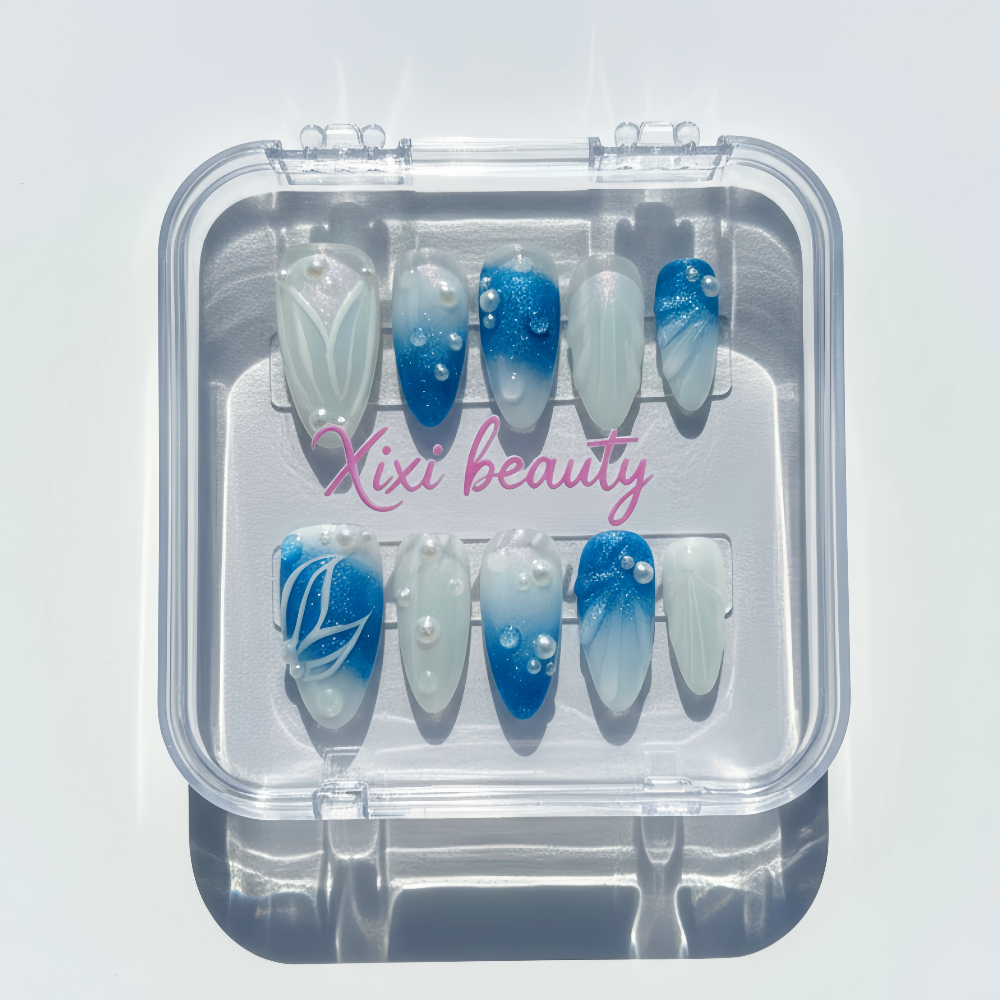 Pearlescent Mermaid Tail Press on Nails - Hand-Painted Wave Design with Pearl Glitter