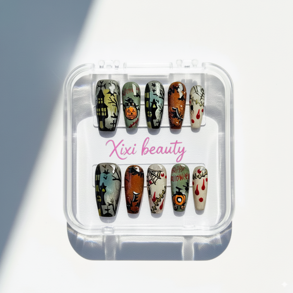 Hand-Painted Halloween Press-On Nails - Gothic Pumpkin & Bat Art