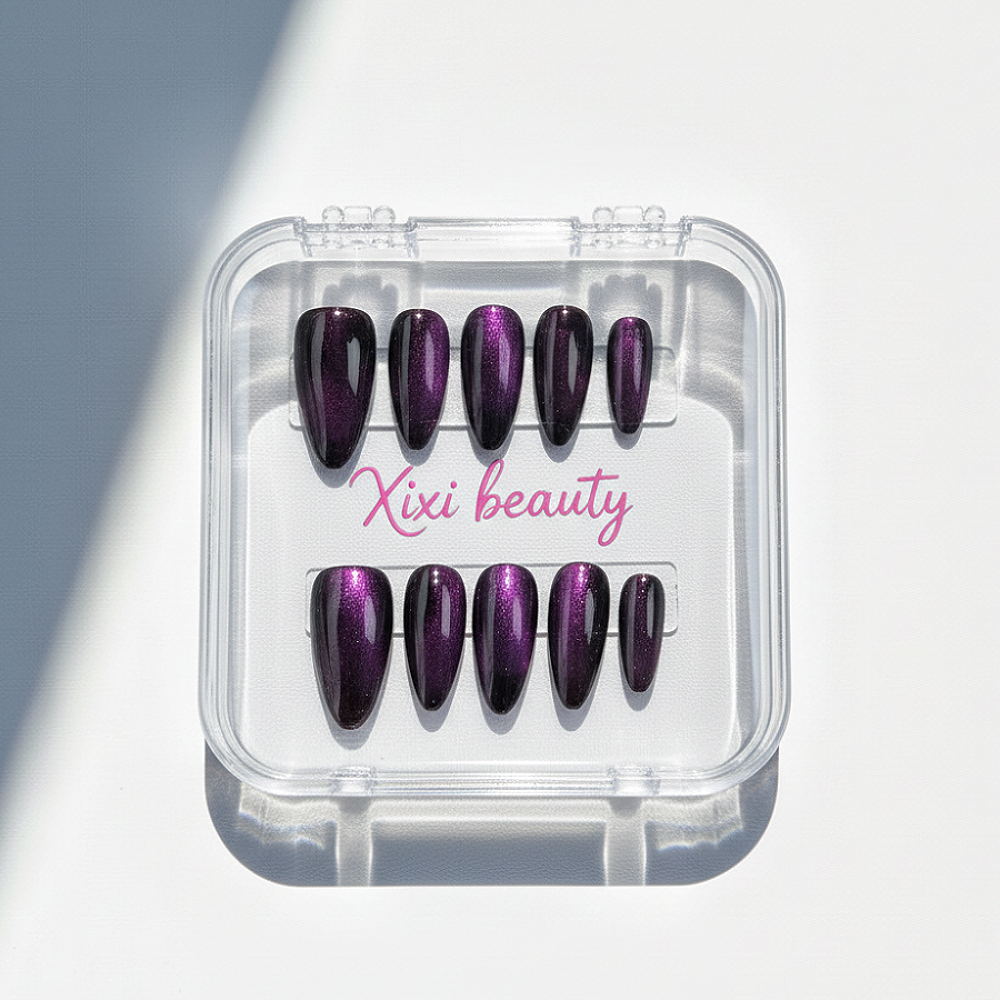 Blackberry Glow Cat-Eye Nails - Violet Chrome &  Baddie Set
