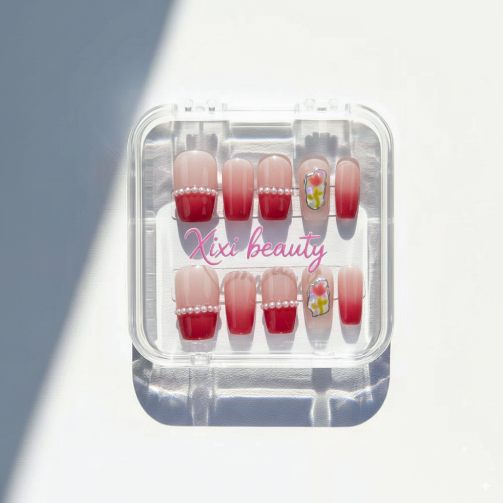 Luxury French Ombre Press-Ons | Pearl & Hand-Painted Florals