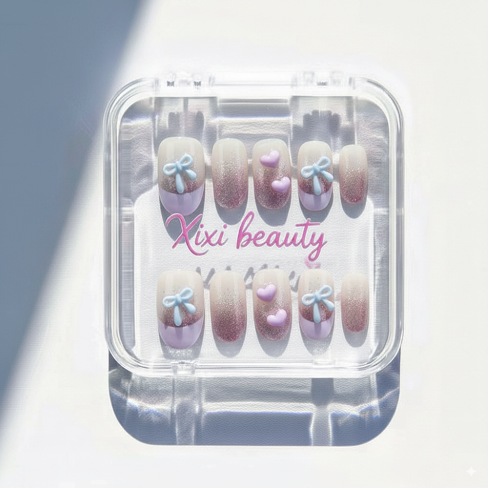 Ombré Cat-Eye French Nails - Hearts & Silk Bow Accents